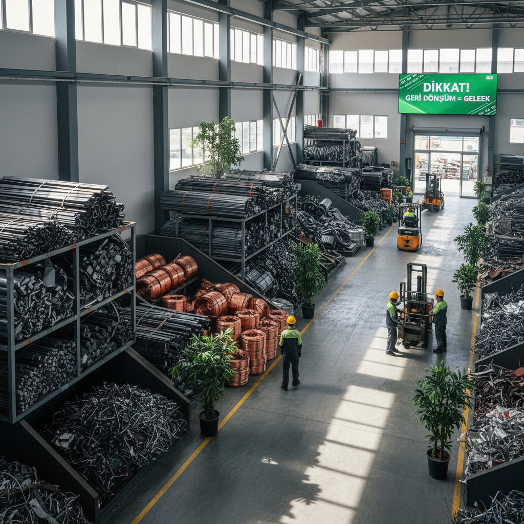 Dikkat çekici, profesyonel bir hurda geri dönüşüm sahnesi: düzenli istiflenmiş hurda demir, bakır kablolar ve alüminyum, temiz ve modern bir geri dönüşüm tesisinde, kurumsal ve çevre dostu bir atmosferle, geniş açı, net ve parlak fotoğrafik tarz.