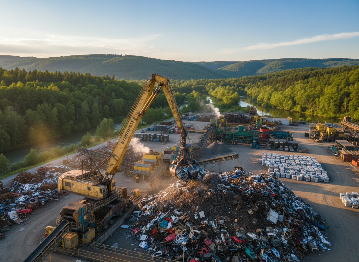 Doğal bir ortamda çalışan bir vinç ve hurda geri dönüşüm tesisinden sahne