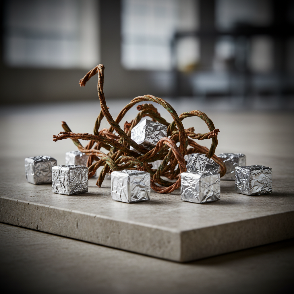 A detailed closeup of shredded copper wire fragments and neatly compacted aluminum foil cubes, each with distinctive metallic textures and a subtle interplay of warm rust and cool silver hues. The materials are displayed on a smooth, neutral stone surface with a soft vignette at the edges, giving the scene a sense of focus and orderliness. Bright, diffused side lighting emphasizes the textures and contours, casting minimal, tidy shadows. The atmosphere is precise and methodical, captured with a shallow depth of field that blurs the surroundings for a contemporary, focused aesthetic. The composition leverages photographic realism and a refined corporate style.